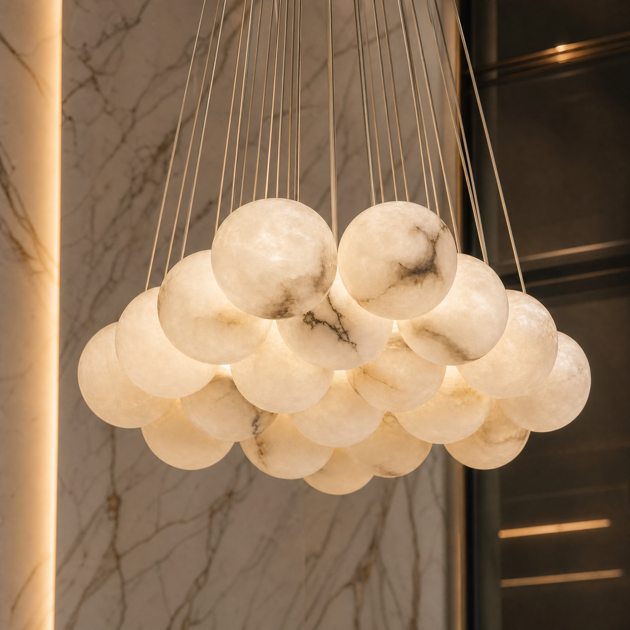 Close up detail of hand-carved alabaster sphere and bronze frame on the Valcino designer chandelier