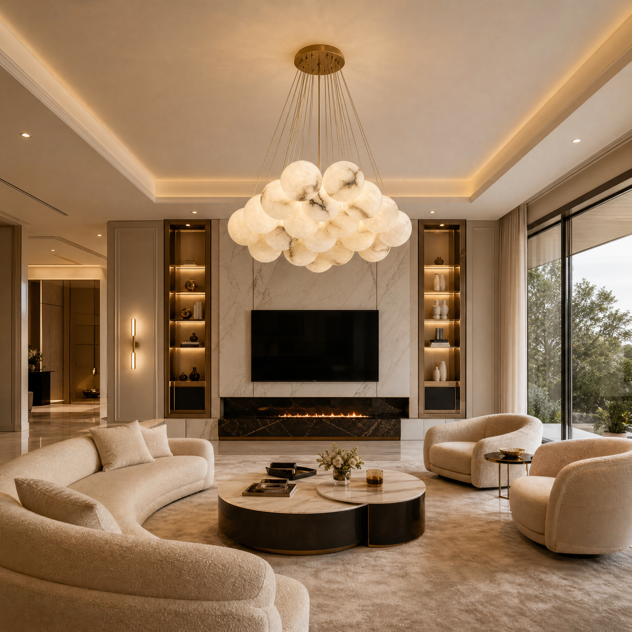 Valcino Alabaster Circular Chandelier lighting a luxury dining room interior