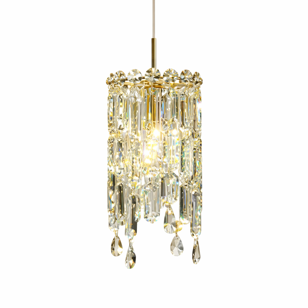 VORELLI Abruzzi crystal pendant light in gold finish with cascading crystals on white background