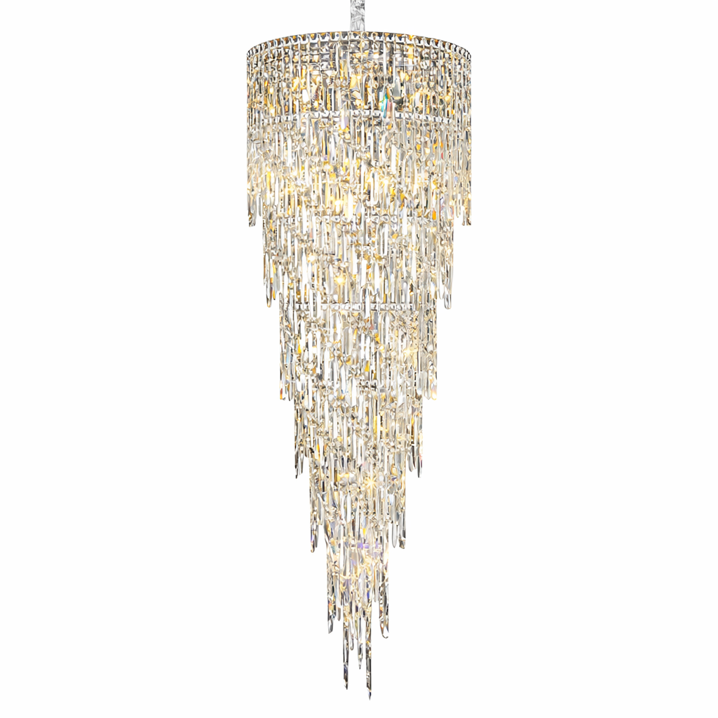 VORELLI Abruzzi spiral staircase crystal chandelier UAE white background