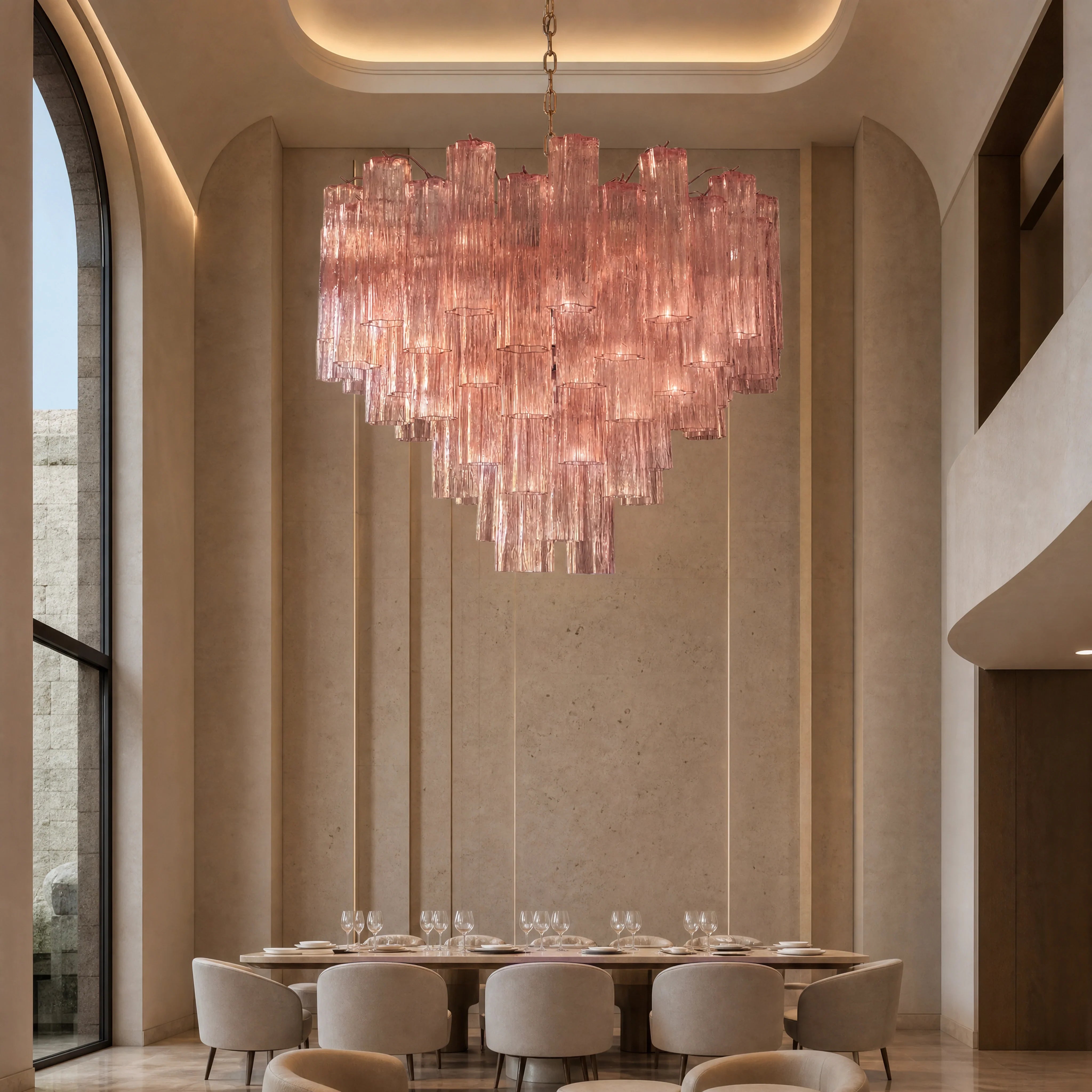 Aquileia Tronchi Murano Glass Staircase Chandelier luxury hospitality private dining lifestyle image by VORELLI