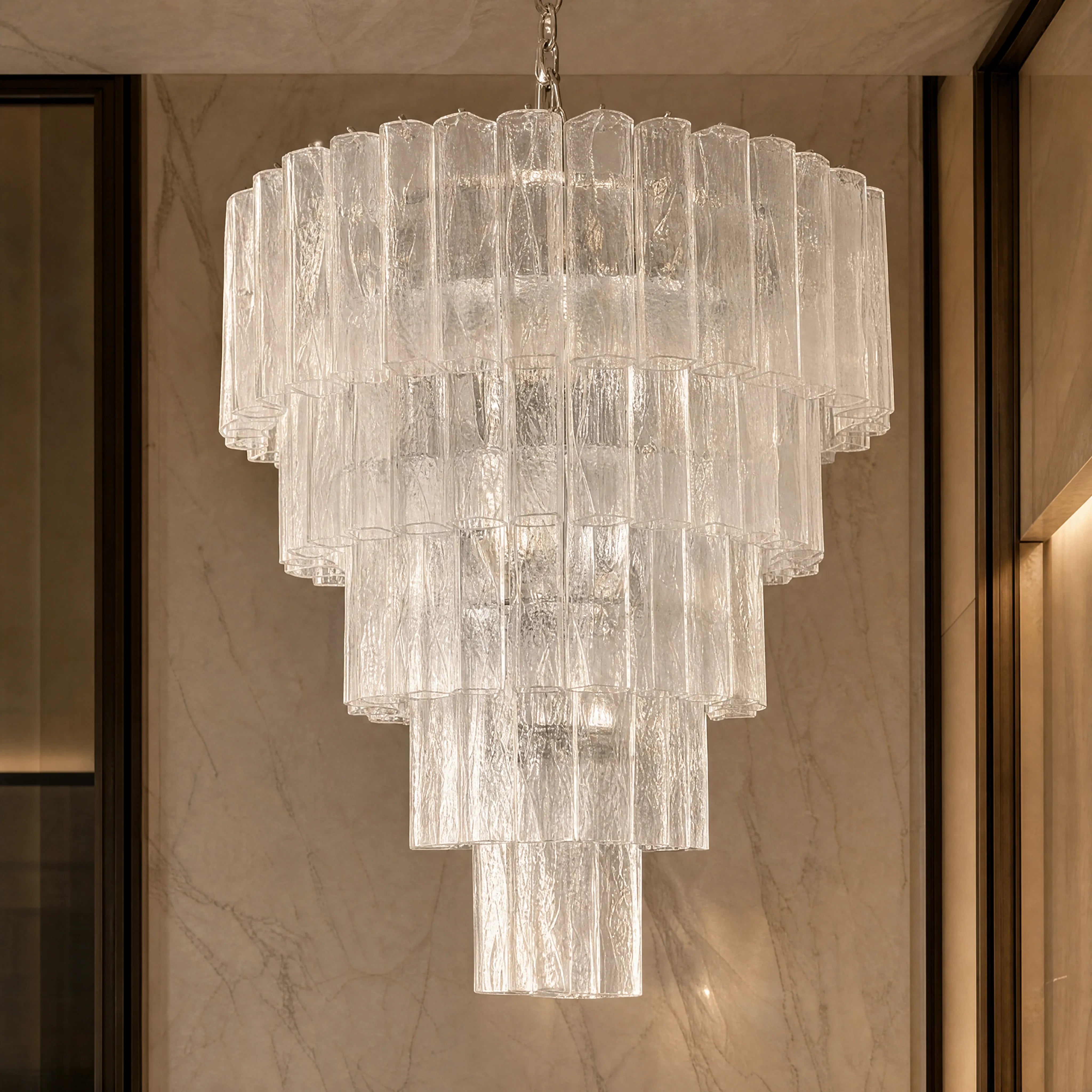 Brisighella Squares Murano Glass Staircase Chandelier close-up luxury lifestyle hero image by VORELLI