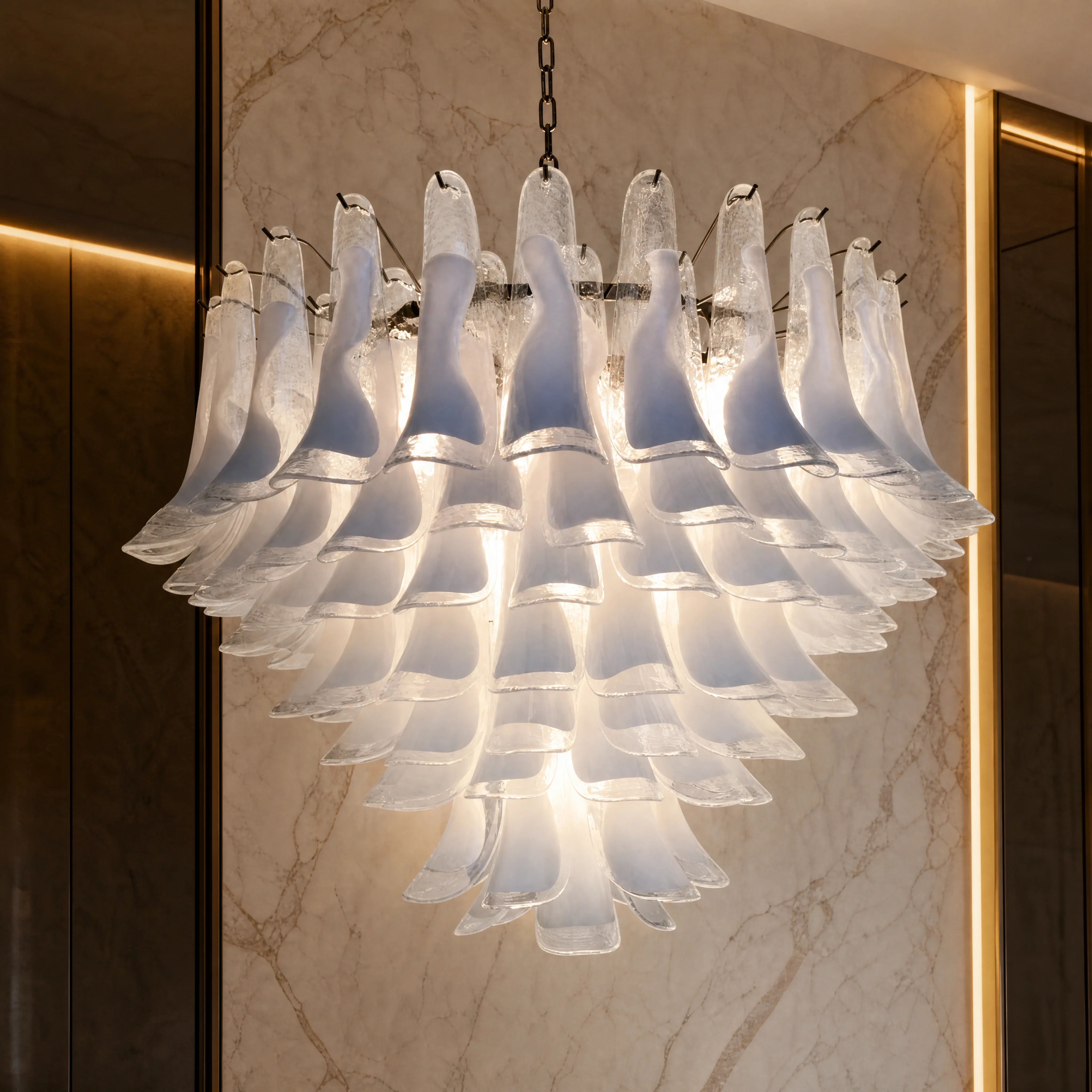Brescia Selle Murano Glass Staircase Chandelier close-up luxury lifestyle hero image by VORELLI