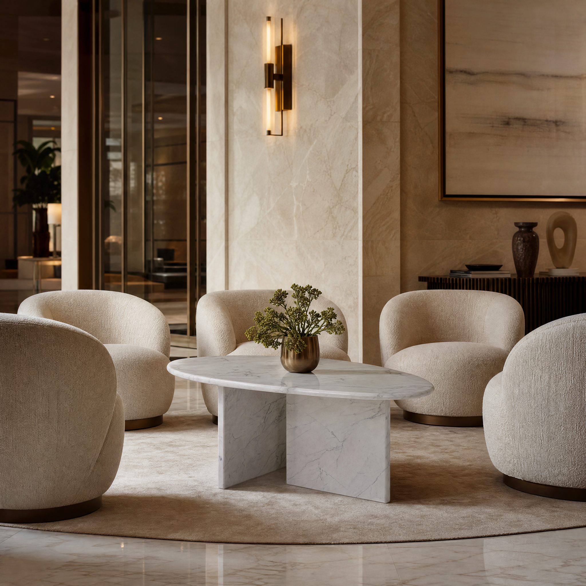 The elegant VORELLI White Carrara marble pebble coffee table anchoring a high-end boutique hotel lounge area.