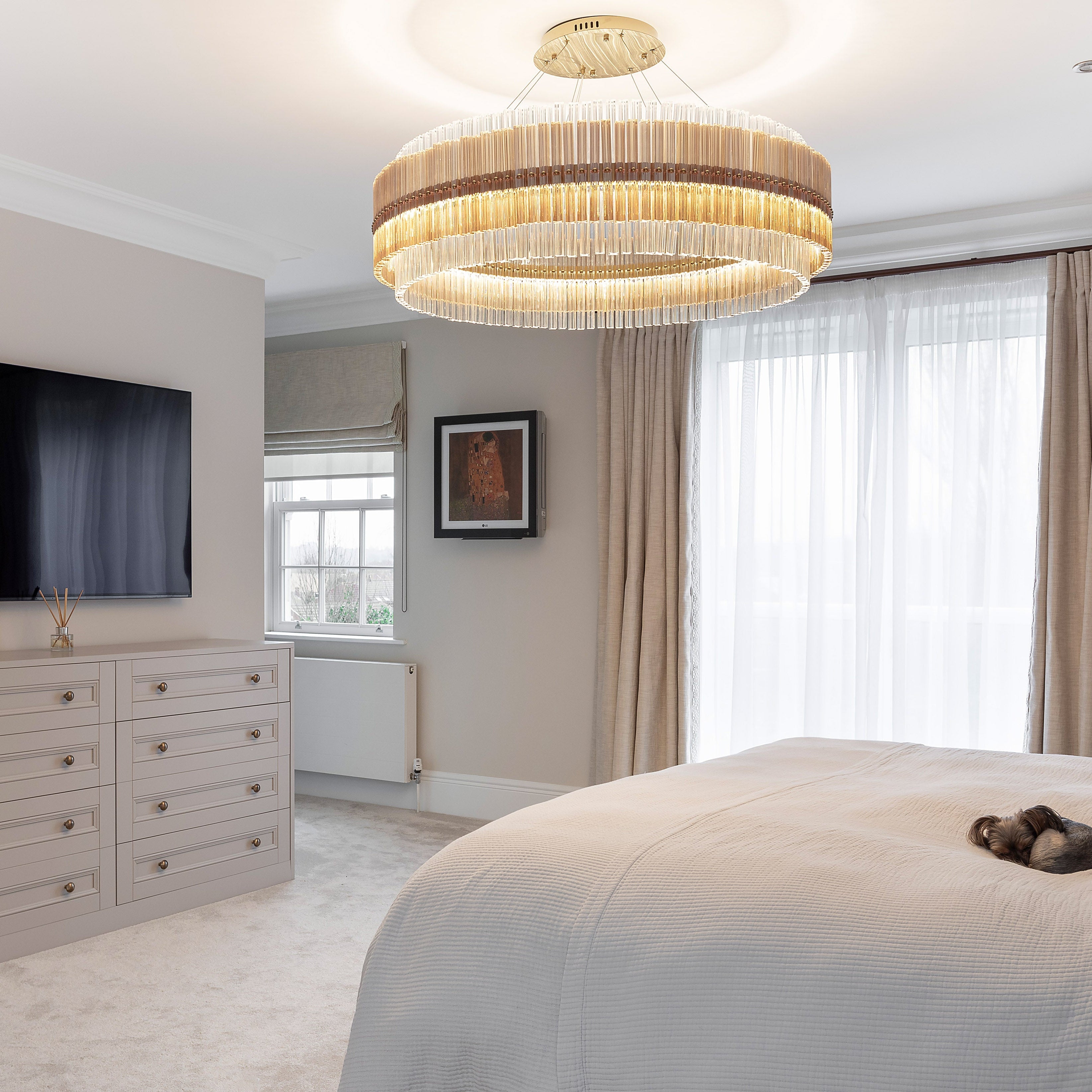 Luxury VORELLI® Condotti circular chandelier featuring layered crystal ring design and refined illumination