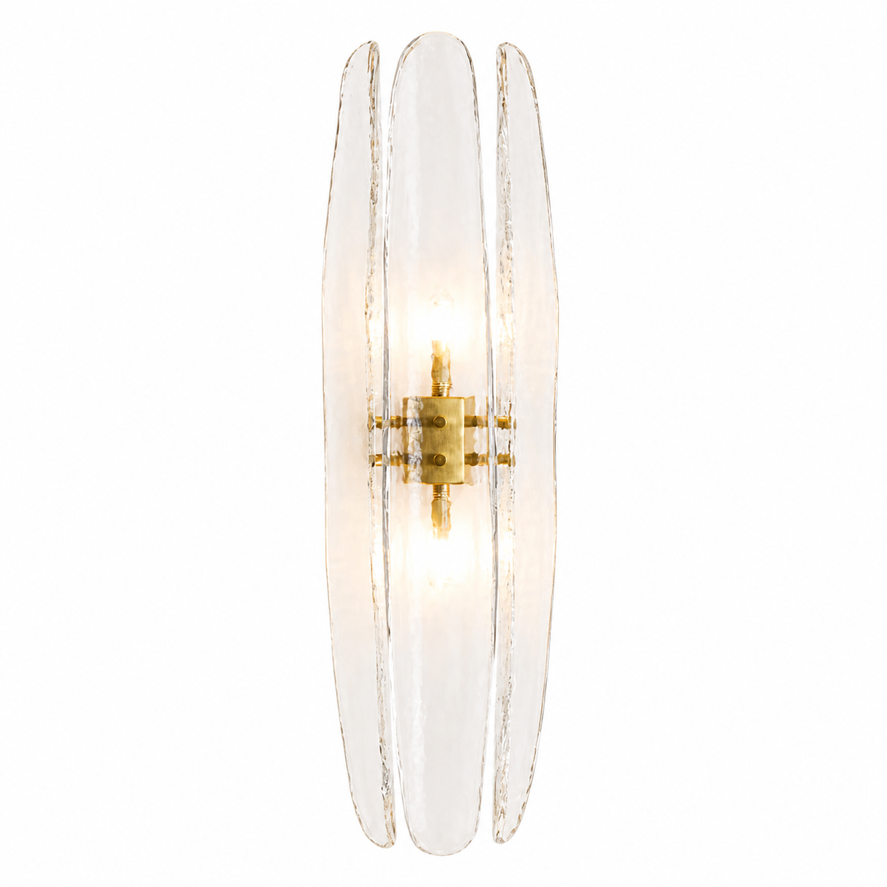 VORELLI Dalia IP44 wall sconce highlighting the exquisite curvature of its three clear glass petal shades against a refined backdrop.