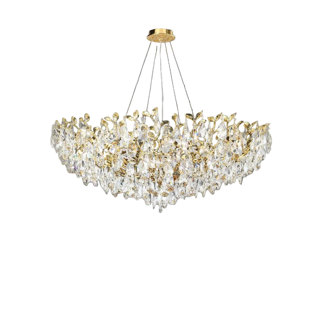 Dewdrop circular chandelier III by VORELLI® featuring golden sculpted leaves and cascading faceted crystal drops