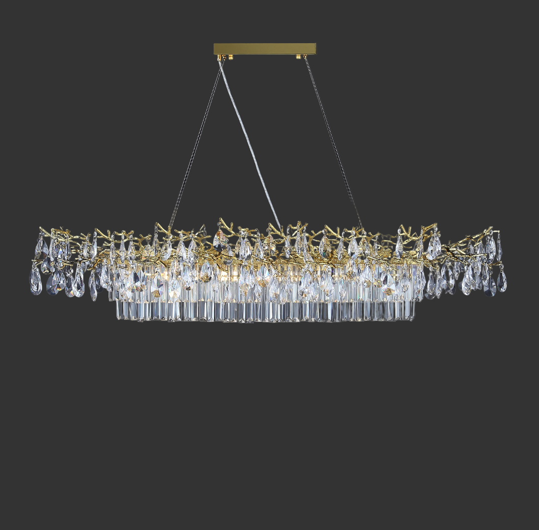 Dewdrop Rectangular Chandelier II by VORELLI® featuring layered rectangular and teardrop crystals on a sculptural branch frame