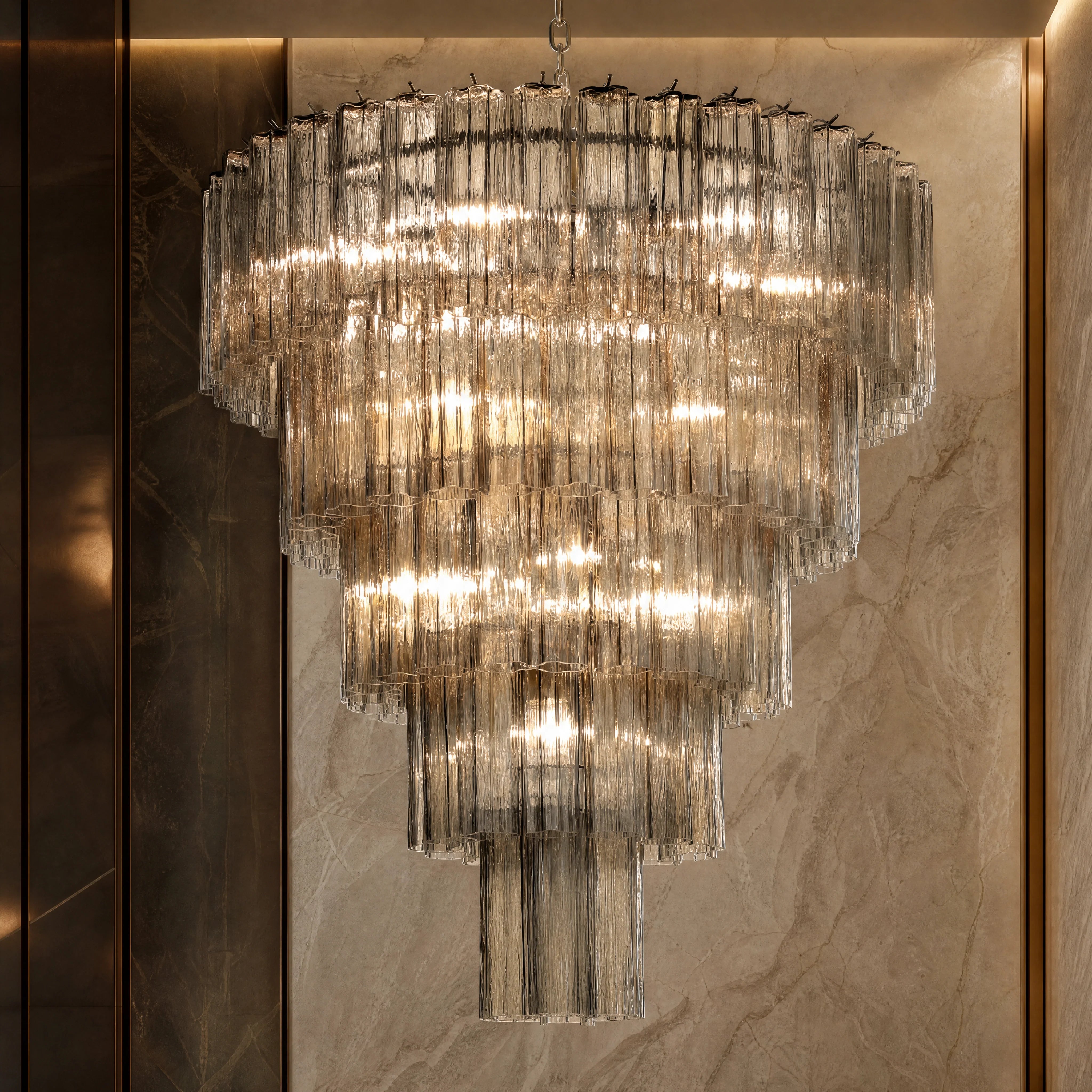 Erminia Tronchi Murano Glass Staircase Chandelier close-up luxury lifestyle hero image by VORELLI