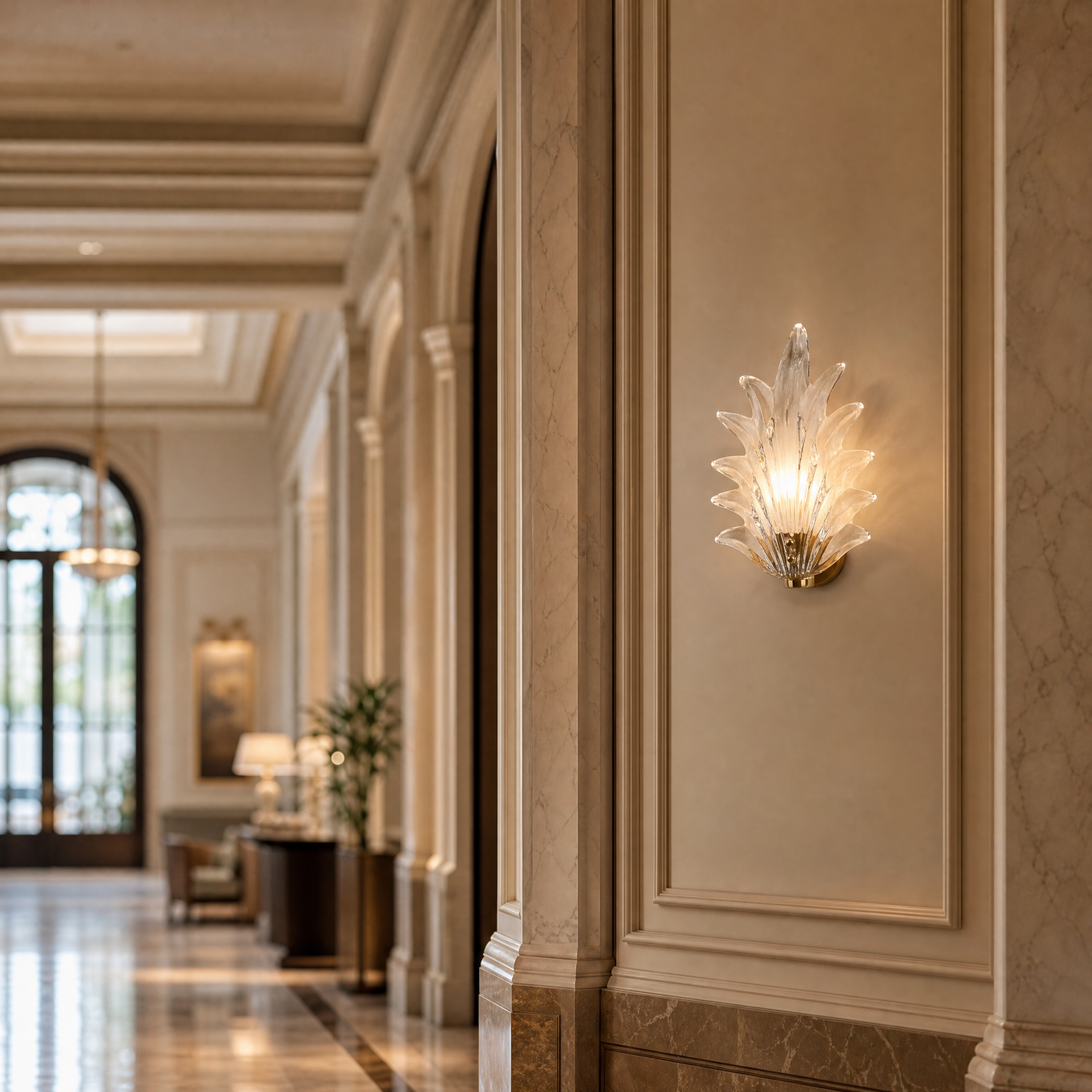 Elegant hospitality setting showing VORELLI Fiorino vintage glass sconces illuminating a luxurious hotel entrance hall.