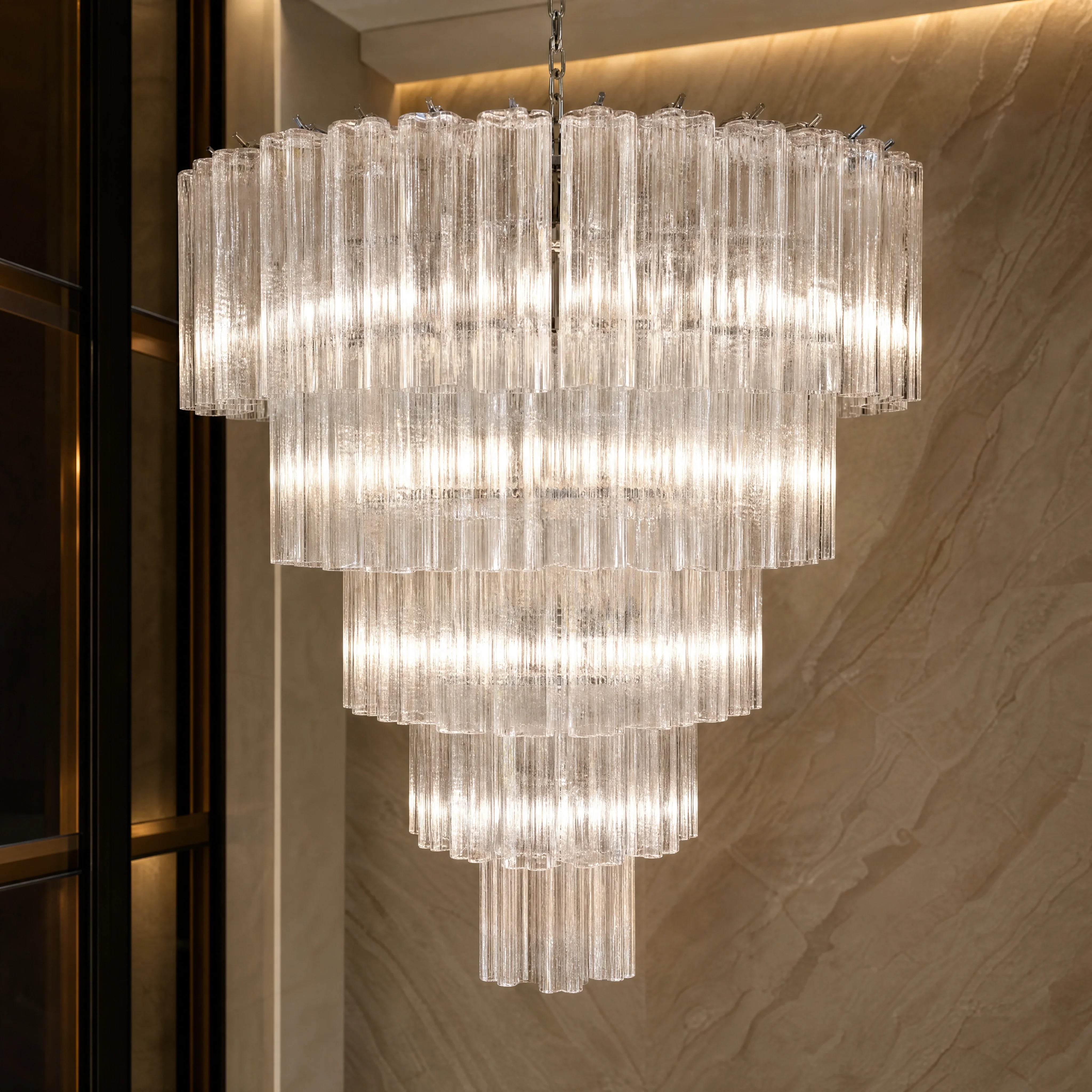 Floriana Tronchi Murano Glass Staircase Chandelier close-up luxury lifestyle hero image by VORELLI