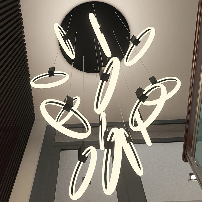 Detail of Formby chandelier featuring illuminated circular LED rings
