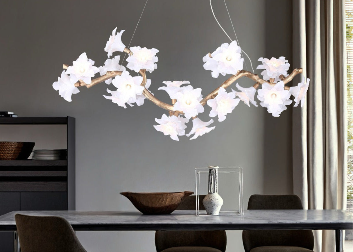 Gardenia Rectangular Chandelier by VORELLI® styled above a luxury dining table