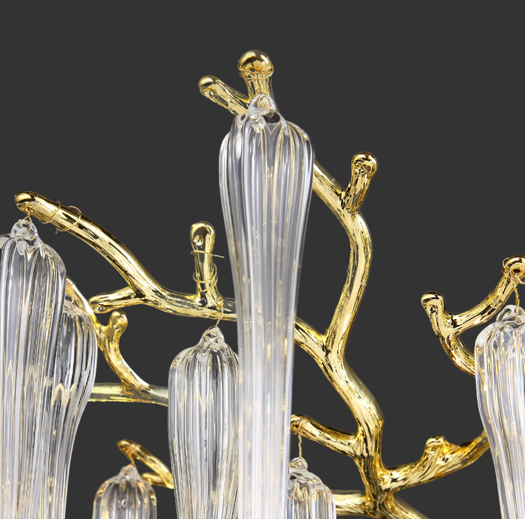 Close-up of hand-formed glass icicles on the VORELLI Icicle Chandelier