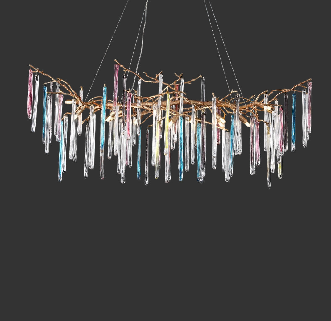 Luxury rectangular chandelier featuring sculptural glass icicles in a modern interior