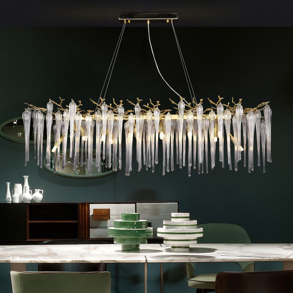 Luxury Icicle Rectangular Chandelier III over dining table in modern interior