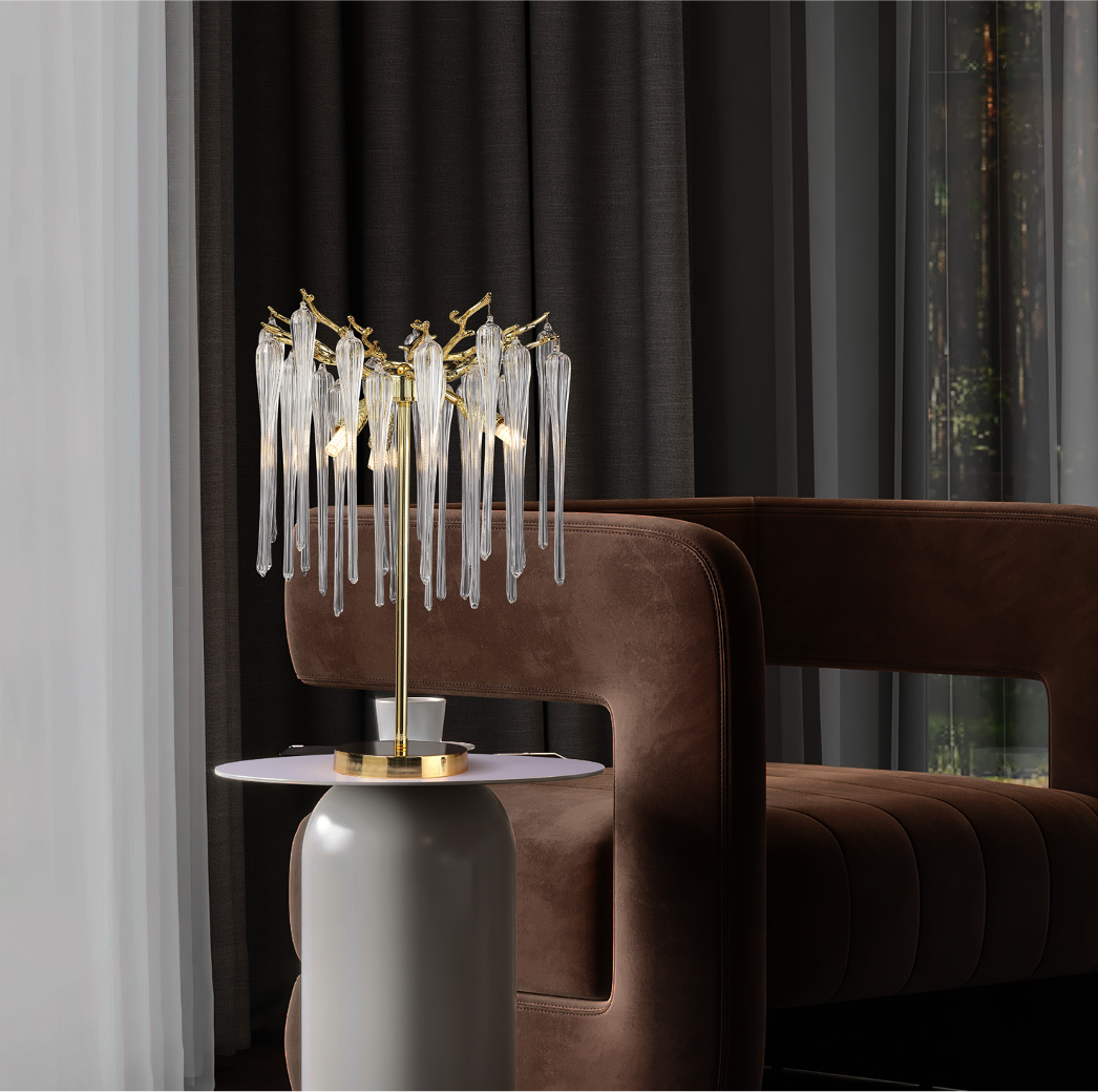 VORELLI® Icicle table lamp styled in a luxury living space with sculptural glass detail