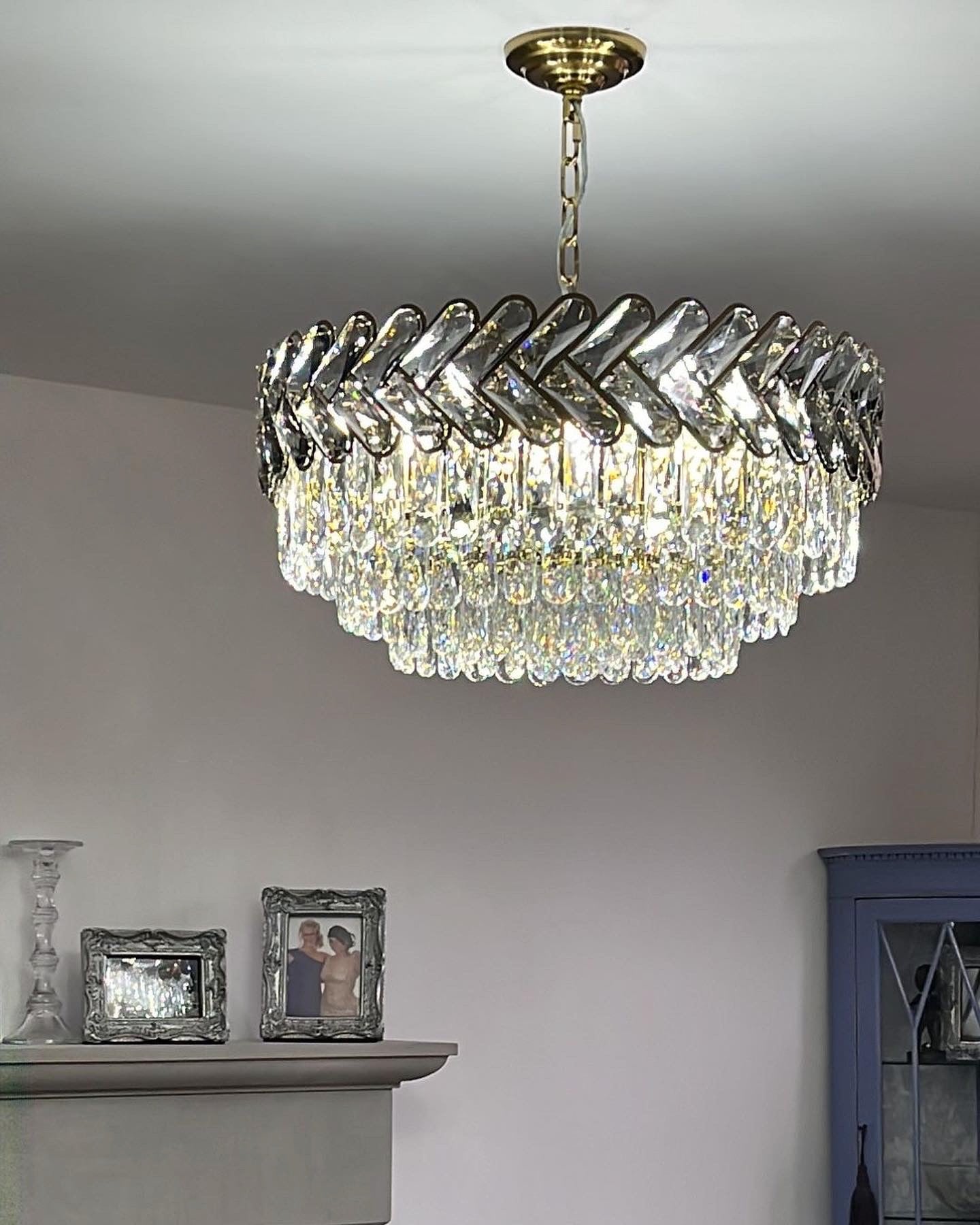Installed VORELLI Knightsbridge circular chandelier showing scale and crystal brilliance