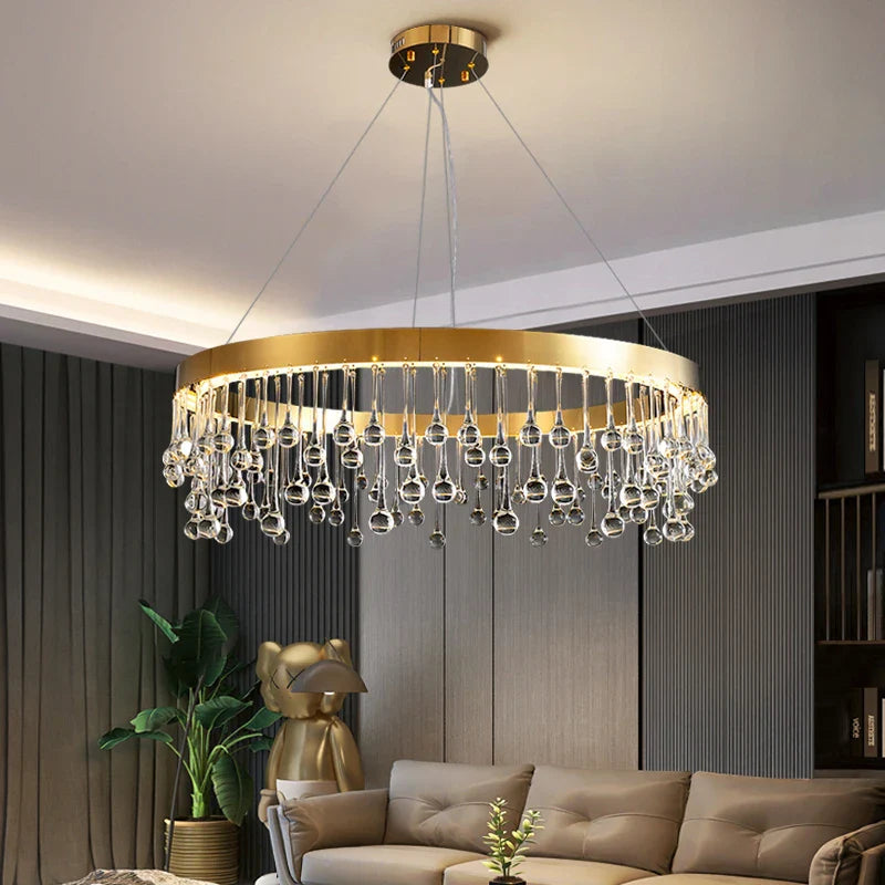 VORELLI Mancini circular chandelier with crystal droplet detailing on a brushed ring frame