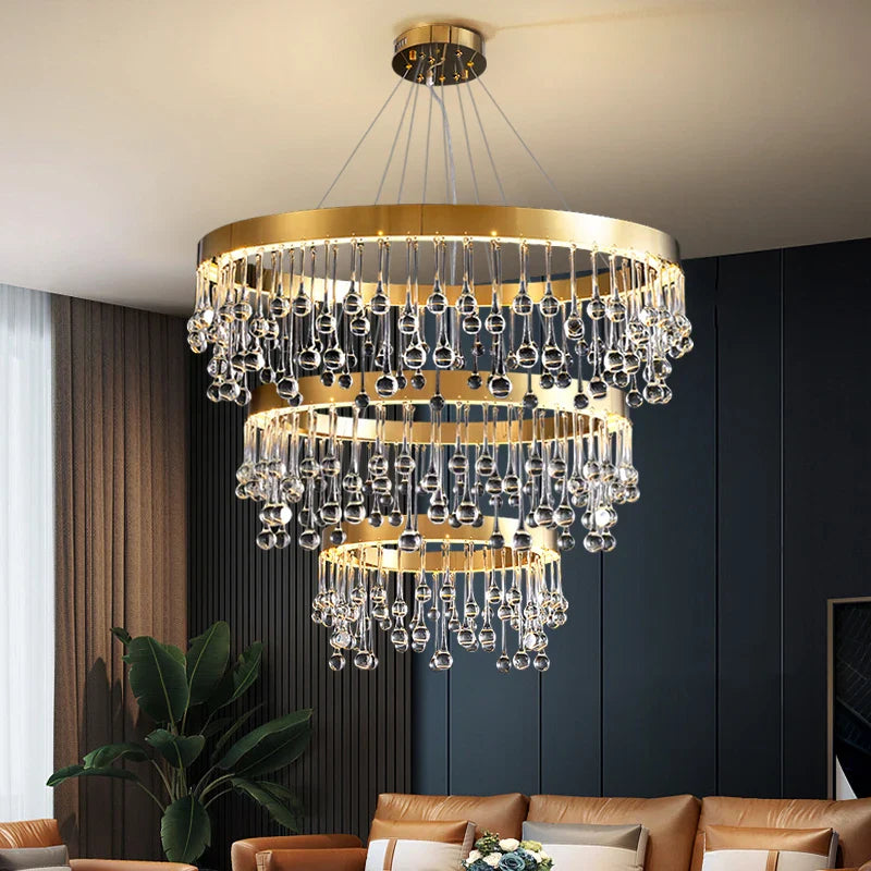 VORELLI Mancini ring staircase chandelier with layered crystal droplets in a luxury interior setting