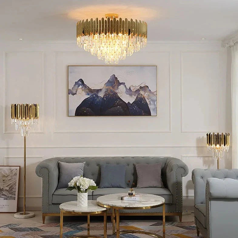 VORELLI Manhattan Circular Chandelier II suspended in a refined contemporary lounge interior