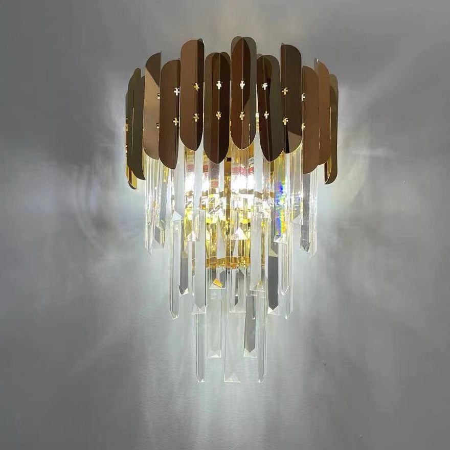 Close view of illuminated crystal bars on the VORELLI Manhattan Wall Light creating soft ambient lighting