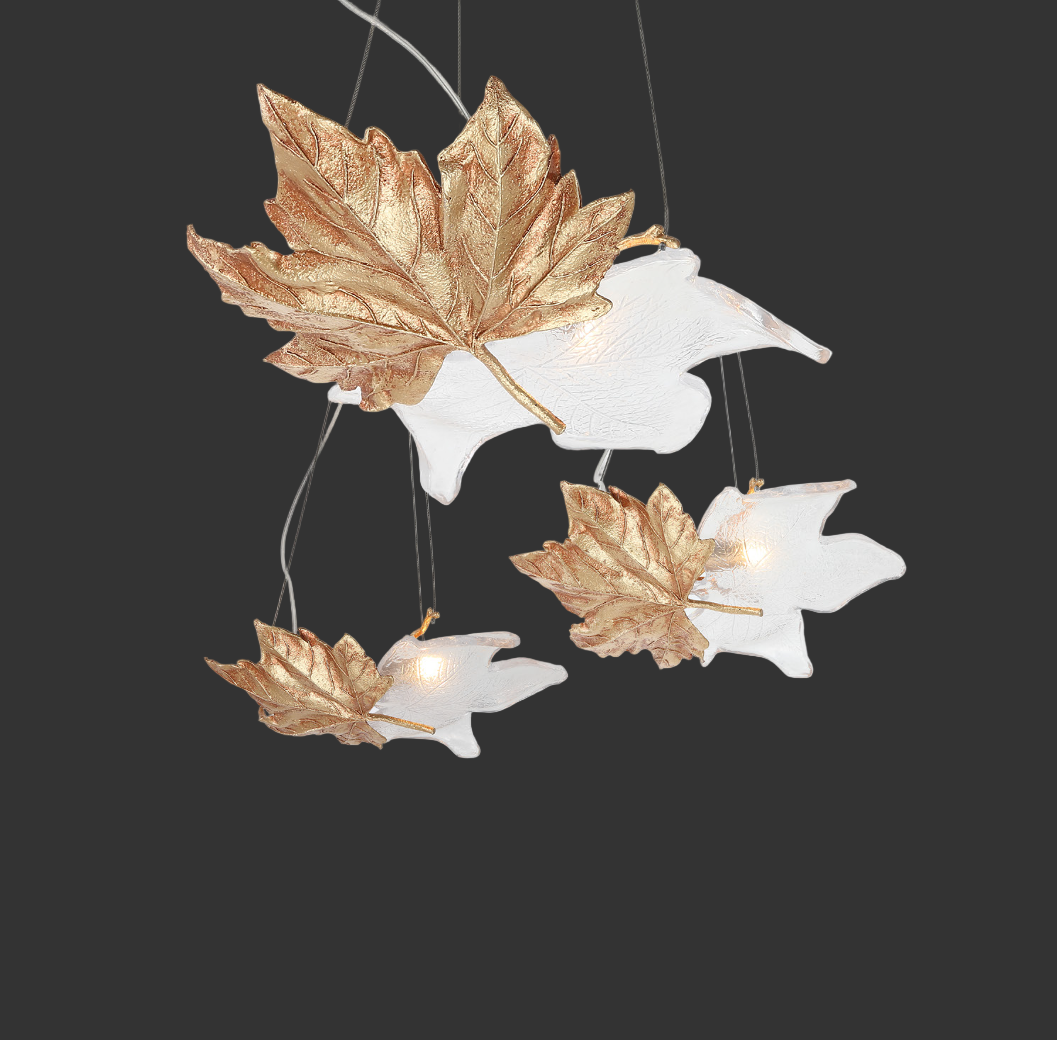 Profile view of rectangular chandelier with botanical leaf design