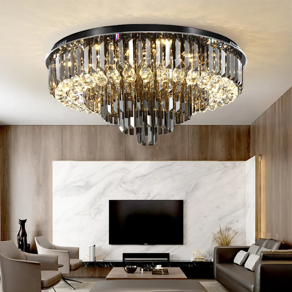 VORELLI Margoux crystal ceiling light illuminating a refined living space with warm ambient glow and sophisticated layered design