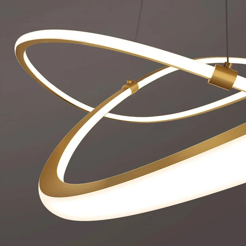 Close-up of curved LED ring design on the VORELLI Milano circular chandelier