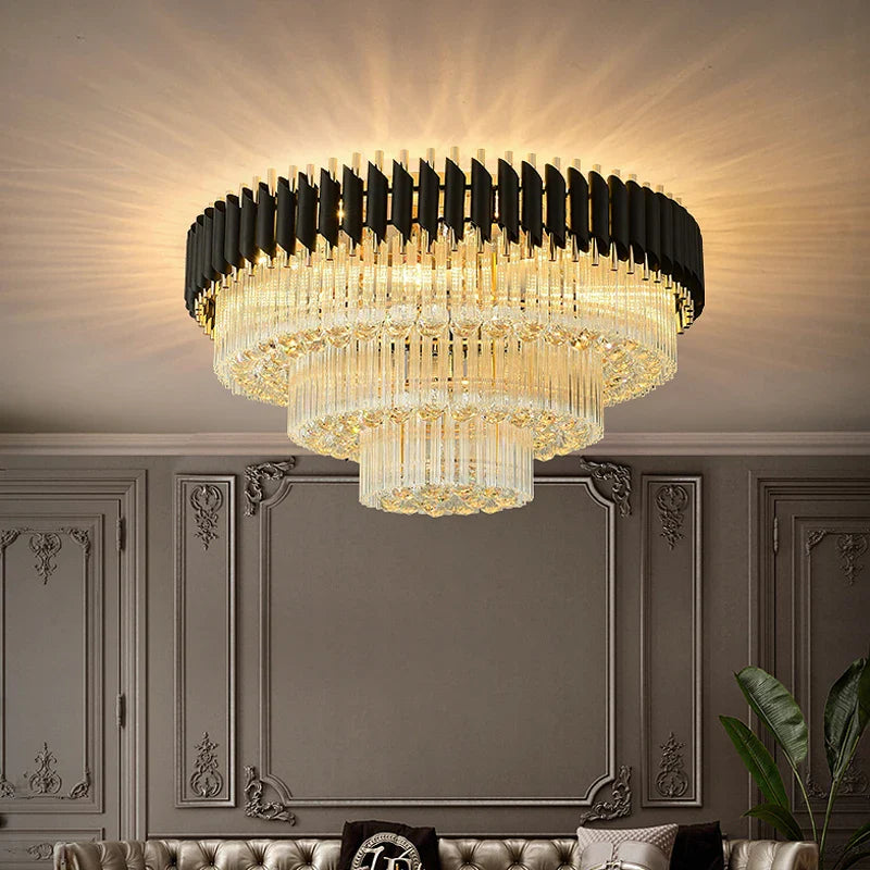 VORELLI Milltimber Grandeur crystal ceiling light creating a radiant layered glow within an elegant living space