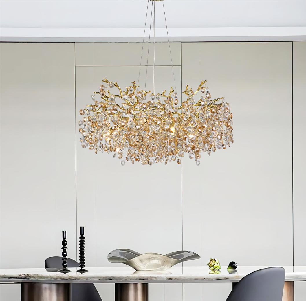 Luxury Mimosa circular chandelier creating a statement in a contemporary living space