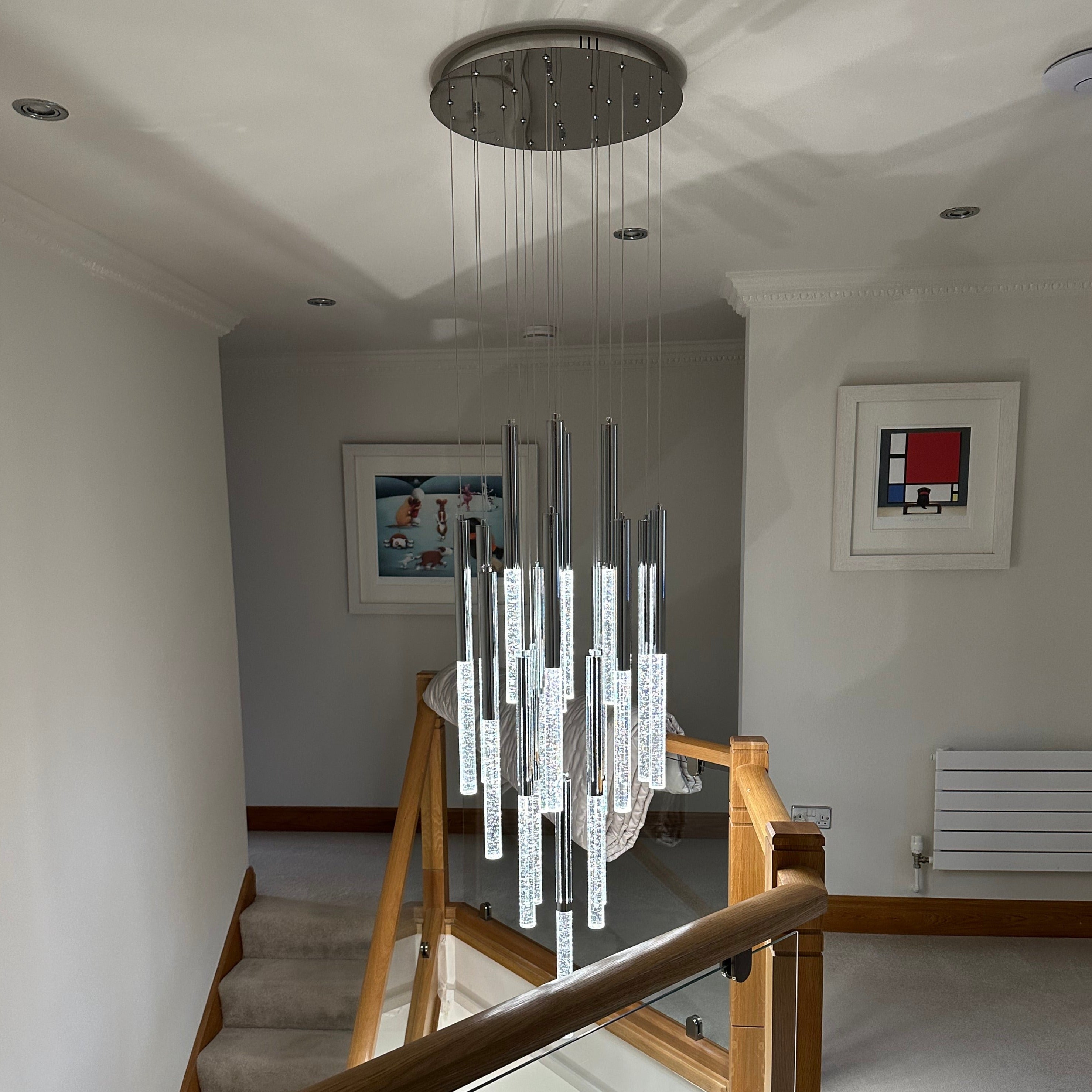 VORELLI® architectural staircase chandelier UAE cascading crystal