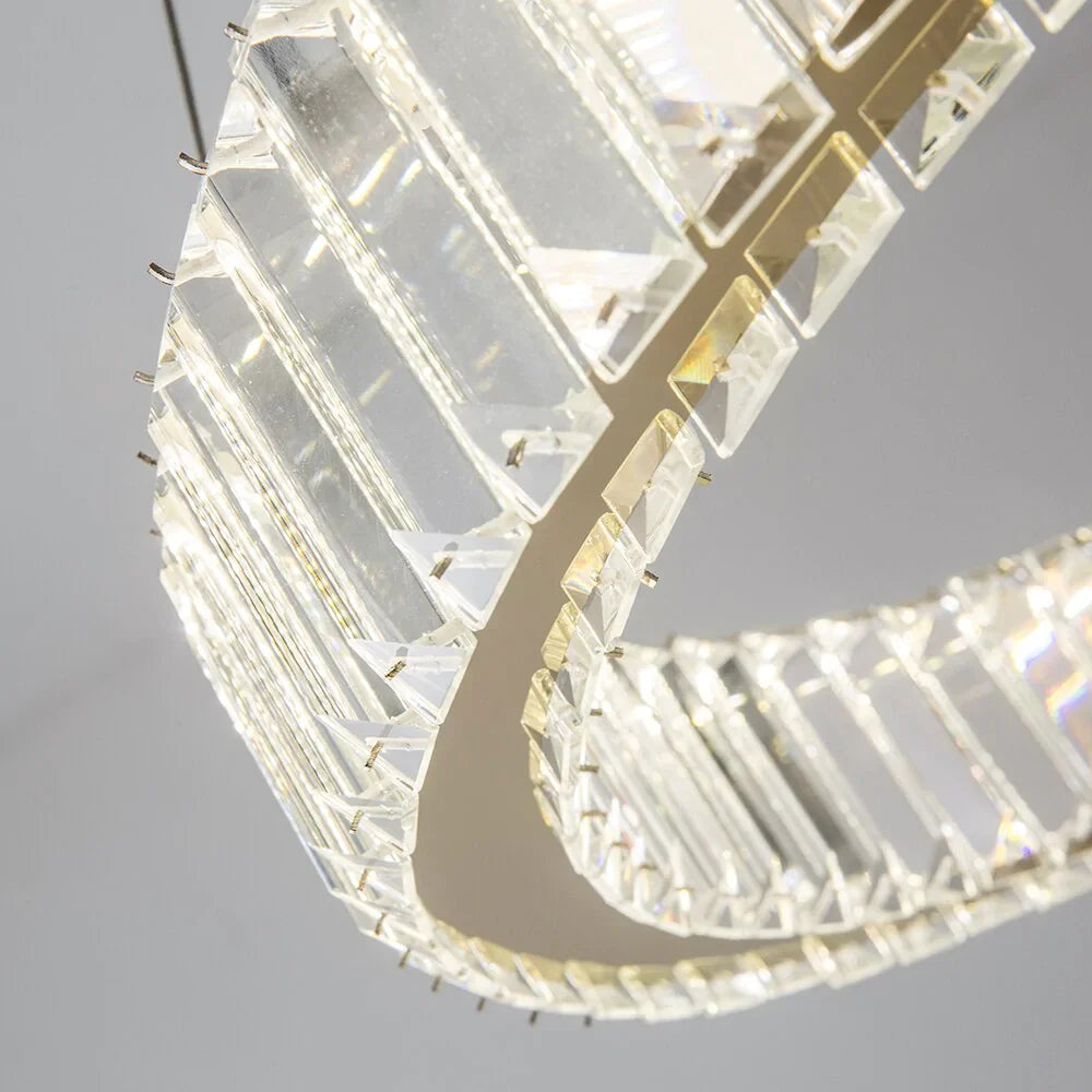 Close up of crystal bars arranged around circular frame on VORELLI® Oia ring chandelier