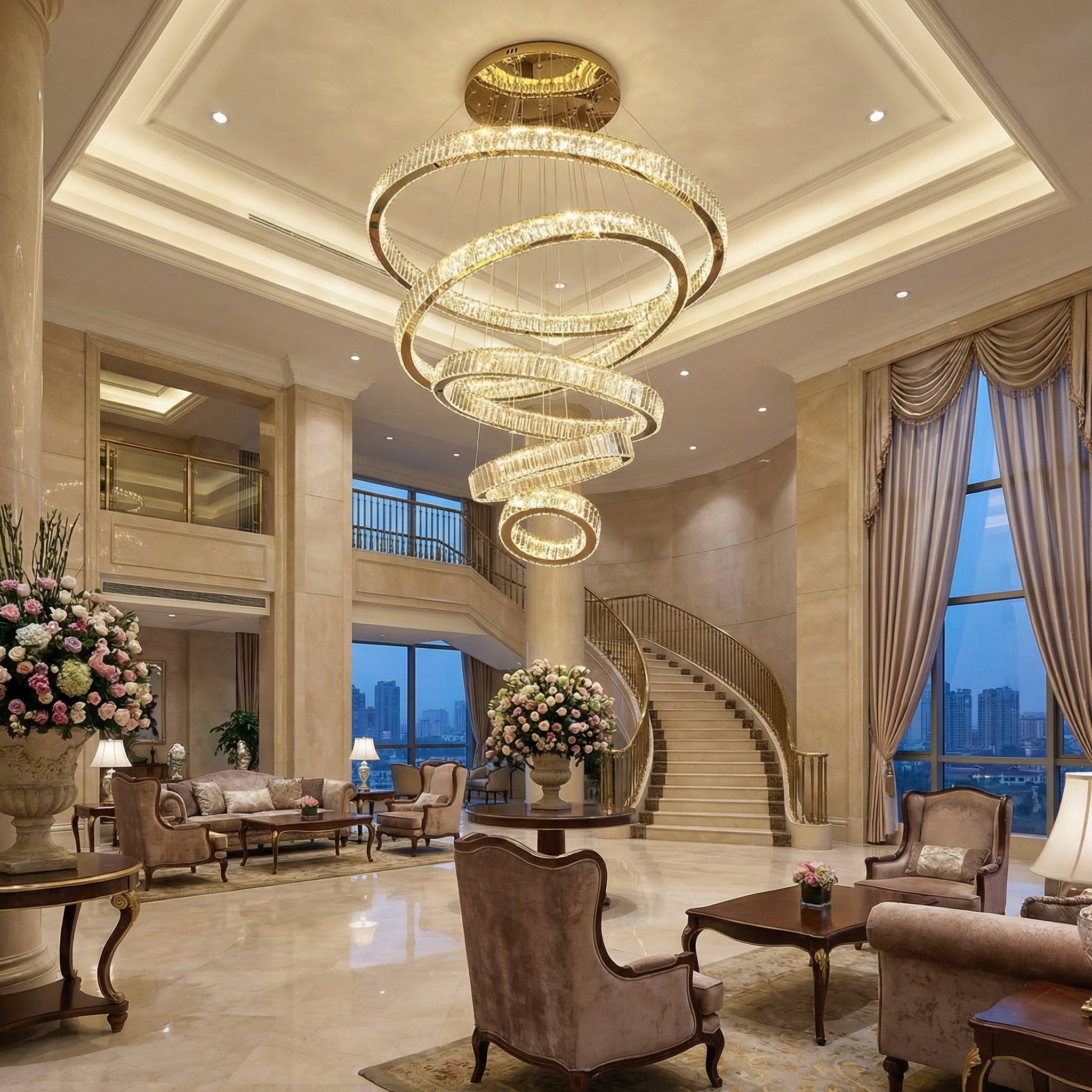 VORELLI® Oia ring staircase chandelier with cascading illuminated crystal rings creating a luxury focal point in a grand double-height interior
