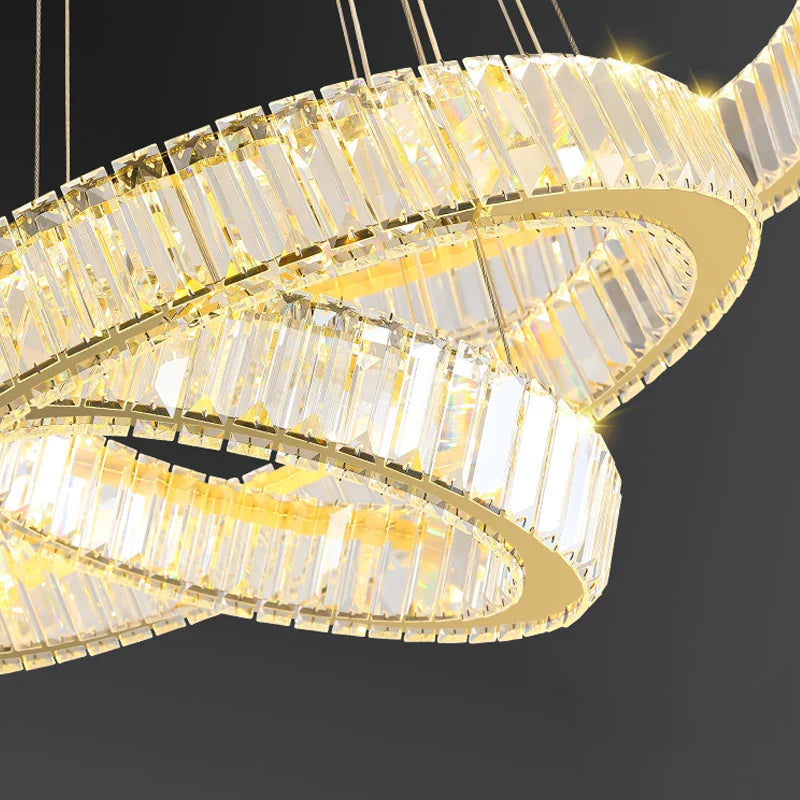 Detailed view of cascading circular rings on VORELLI® Oia three ring chandelier highlighting sculptural form