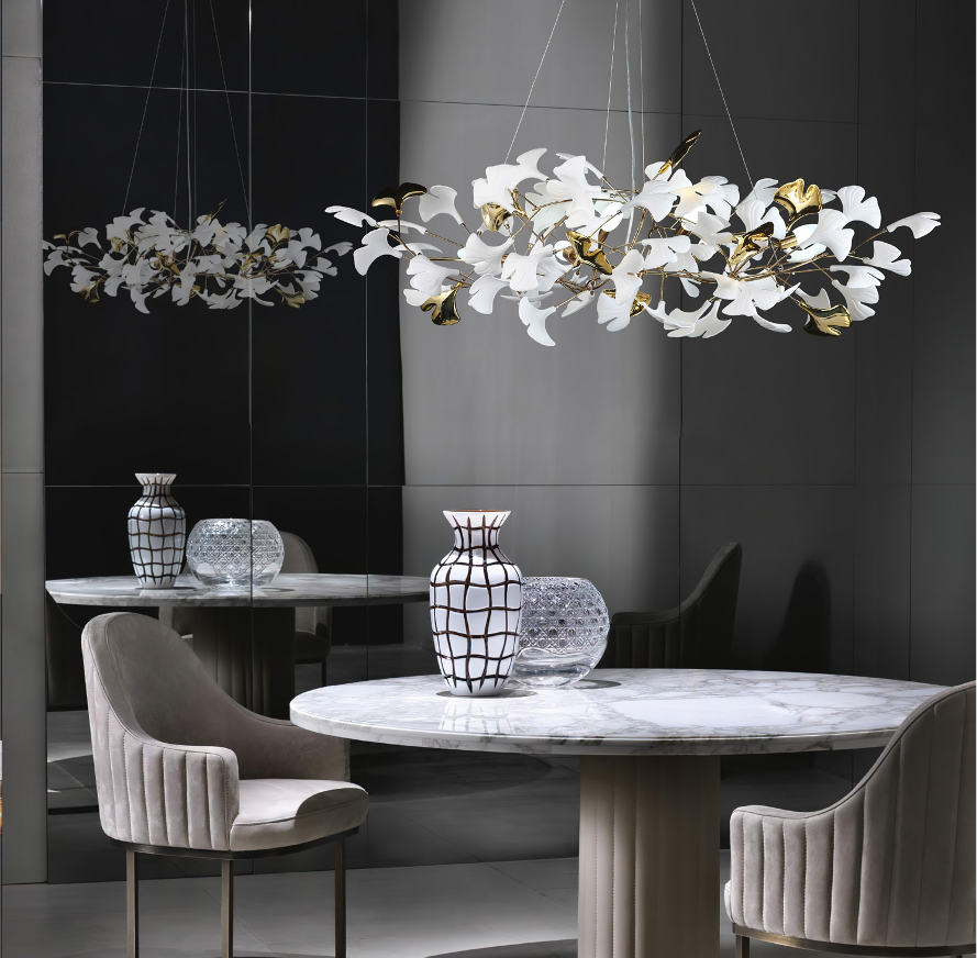 Prano Circular Chandelier II above a luxury dining table in a modern interior