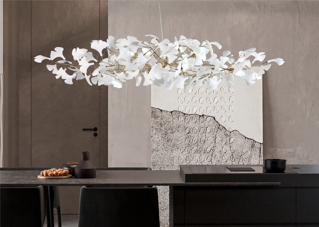 Prano Rectangular Chandelier III ceramic leaf design over luxury dining table