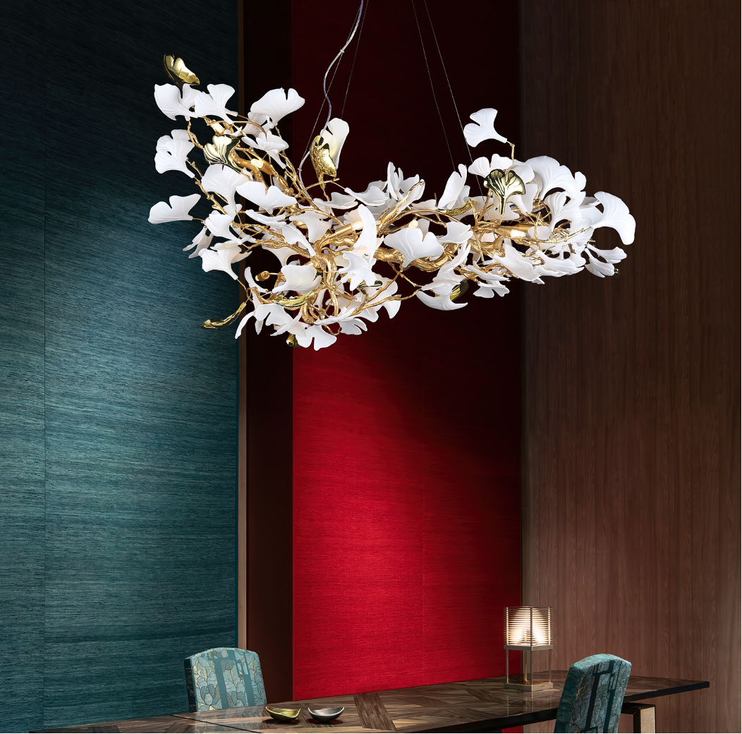 Luxury Prano rectangular chandelier above dining table in refined interior setting