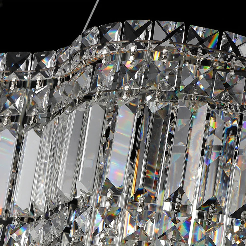 Side detail of rectangular crystal prisms on VORELLI luxury chandelier