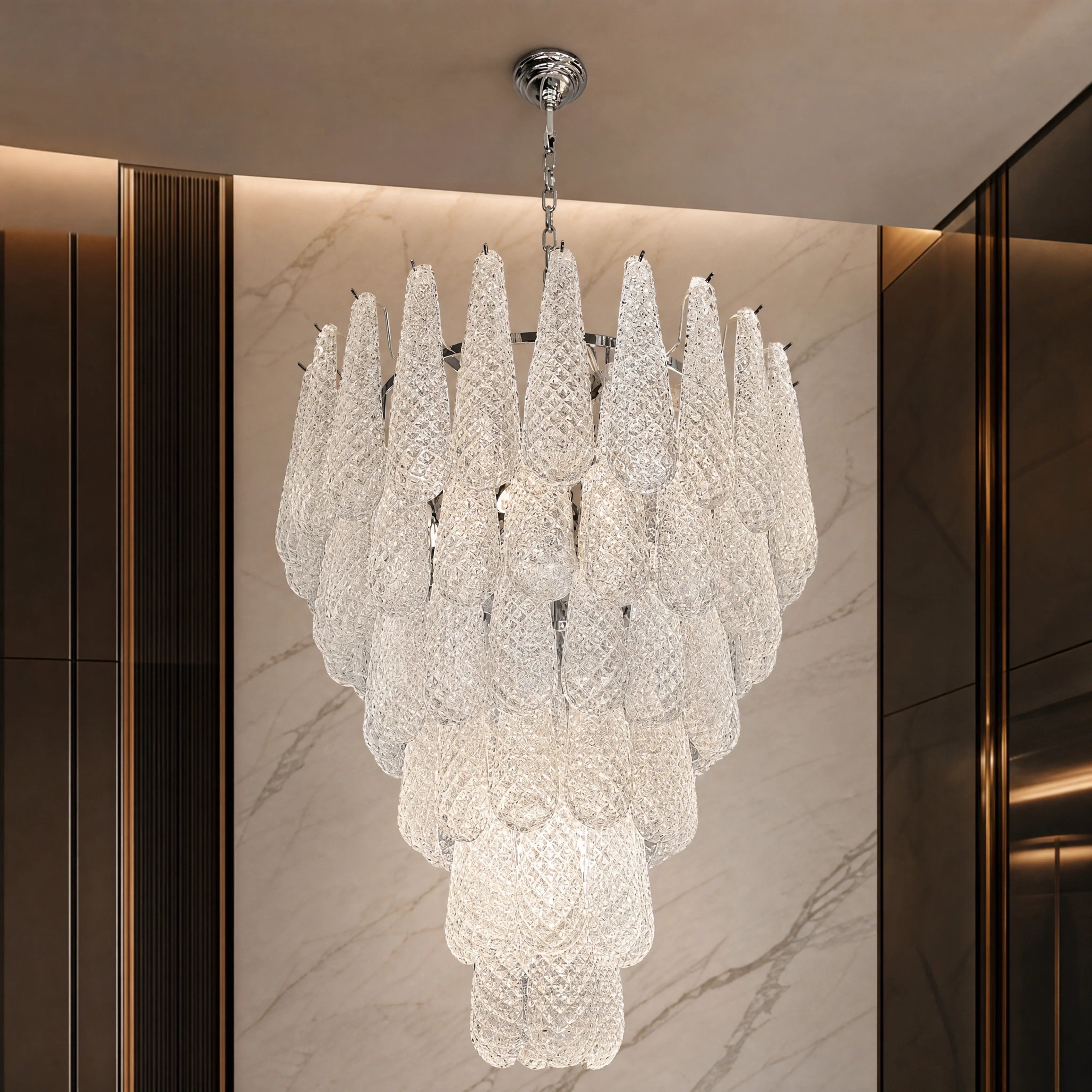 Orsina Conchiglie Murano Shell Glass Staircase Chandelier close-up luxury lifestyle hero image by VORELLI