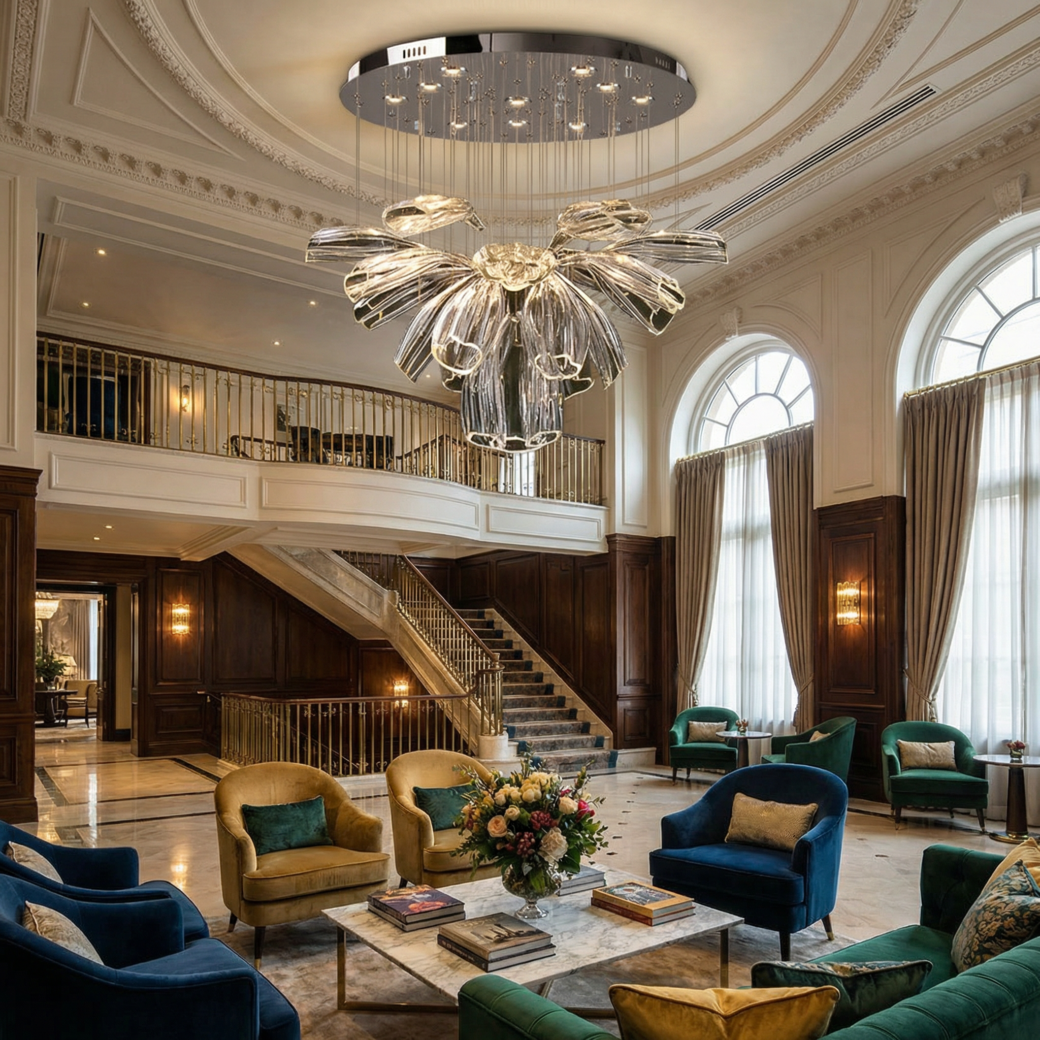 VORELLI Romano staircase chandelier with sculptural glass form in a grand double-height luxury interior