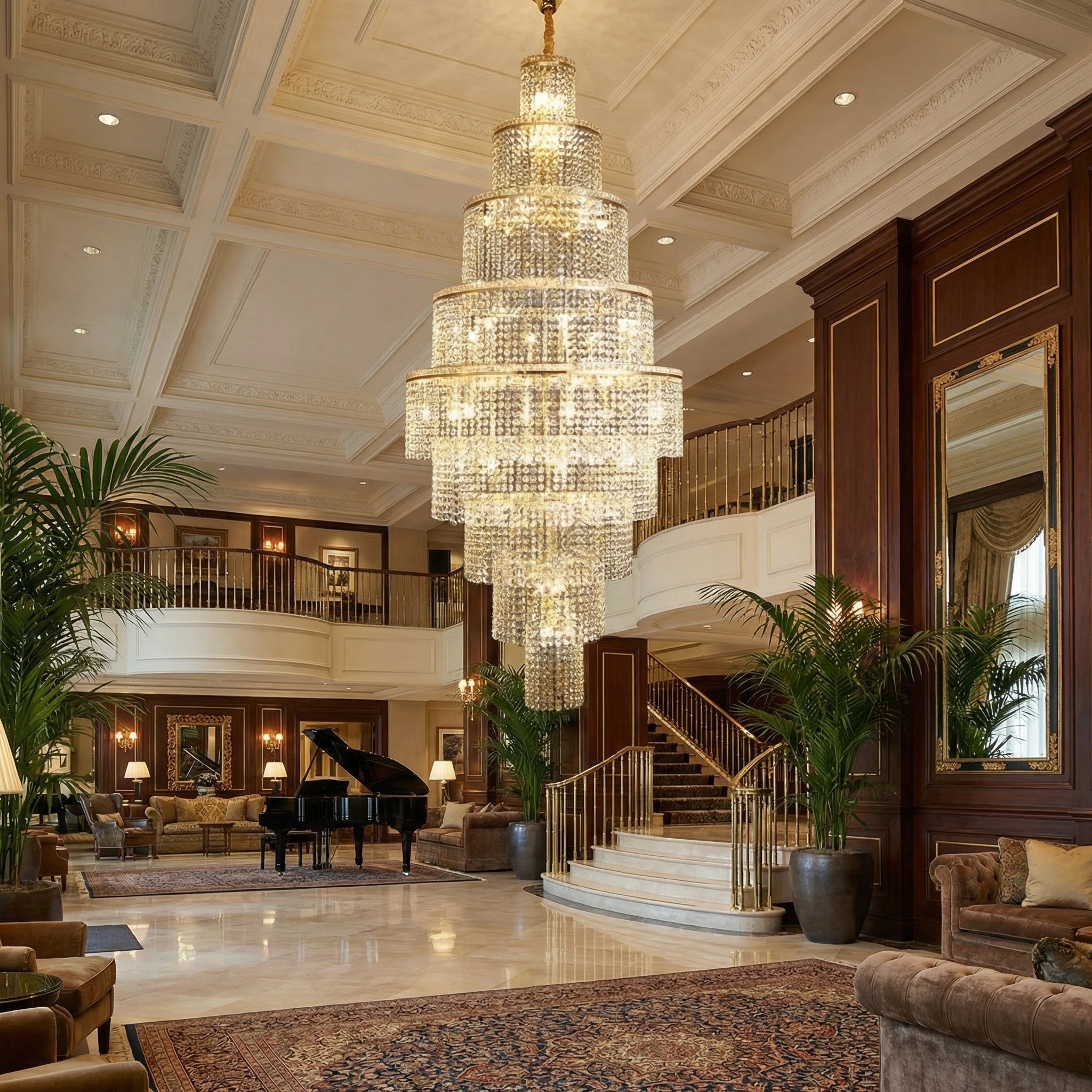 VORELLI® Sassari ring staircase chandelier with cascading crystal tiers creating a grand luxury statement in double-height interiors