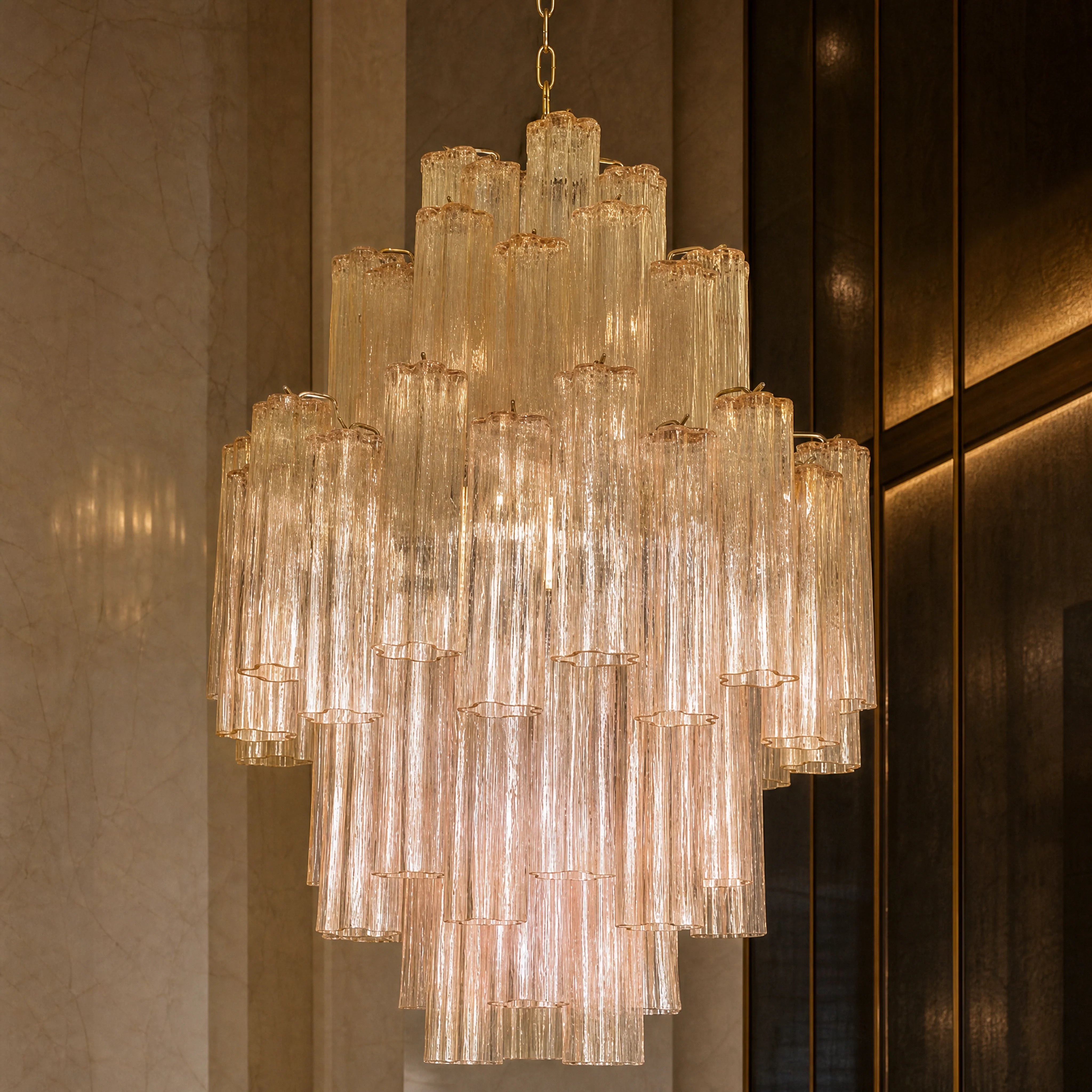 Sofia Tronchi Murano Glass Staircase Chandelier close-up luxury lifestyle hero image by VORELLI