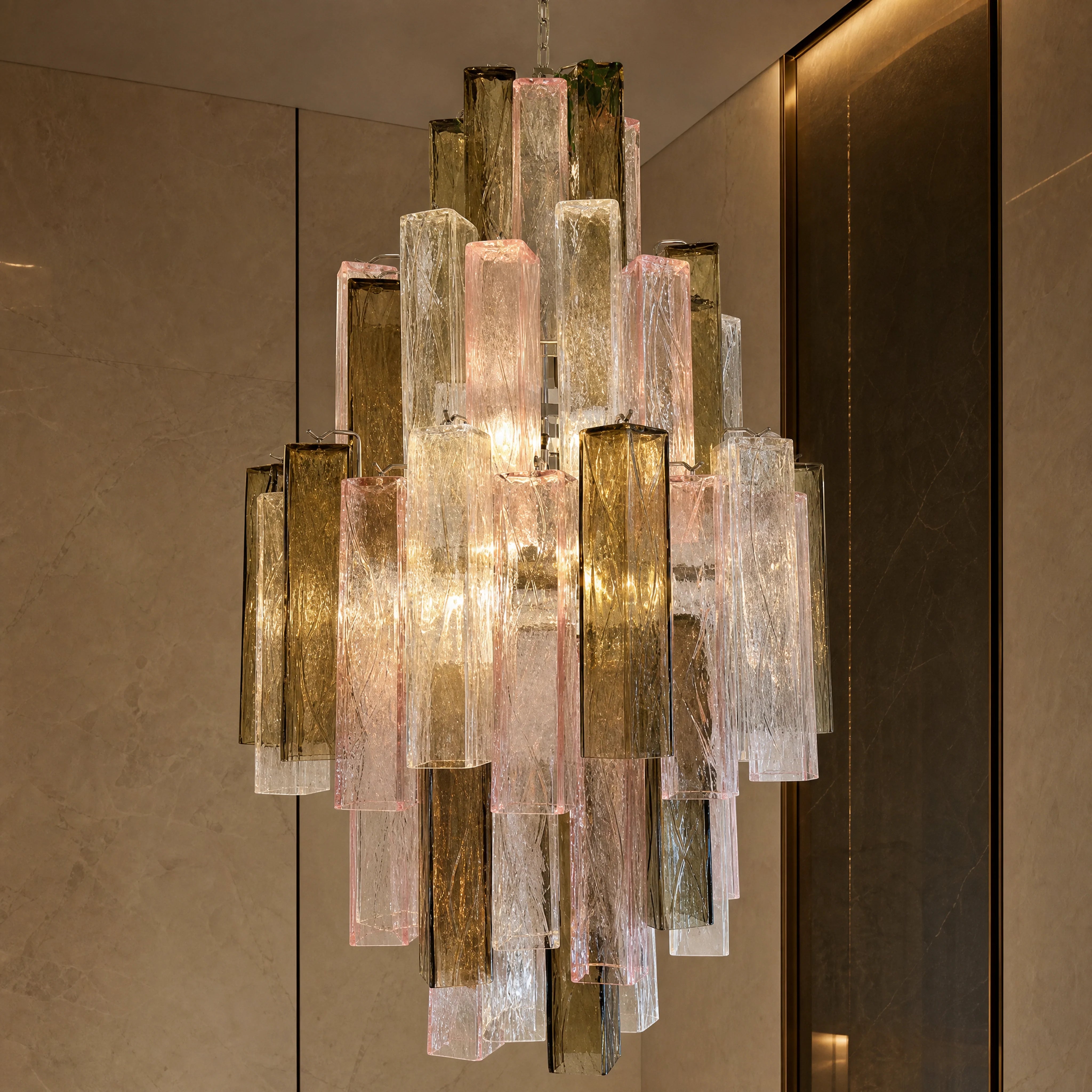 Solana Squares Murano Glass Staircase Chandelier close-up luxury lifestyle hero image by VORELLI
