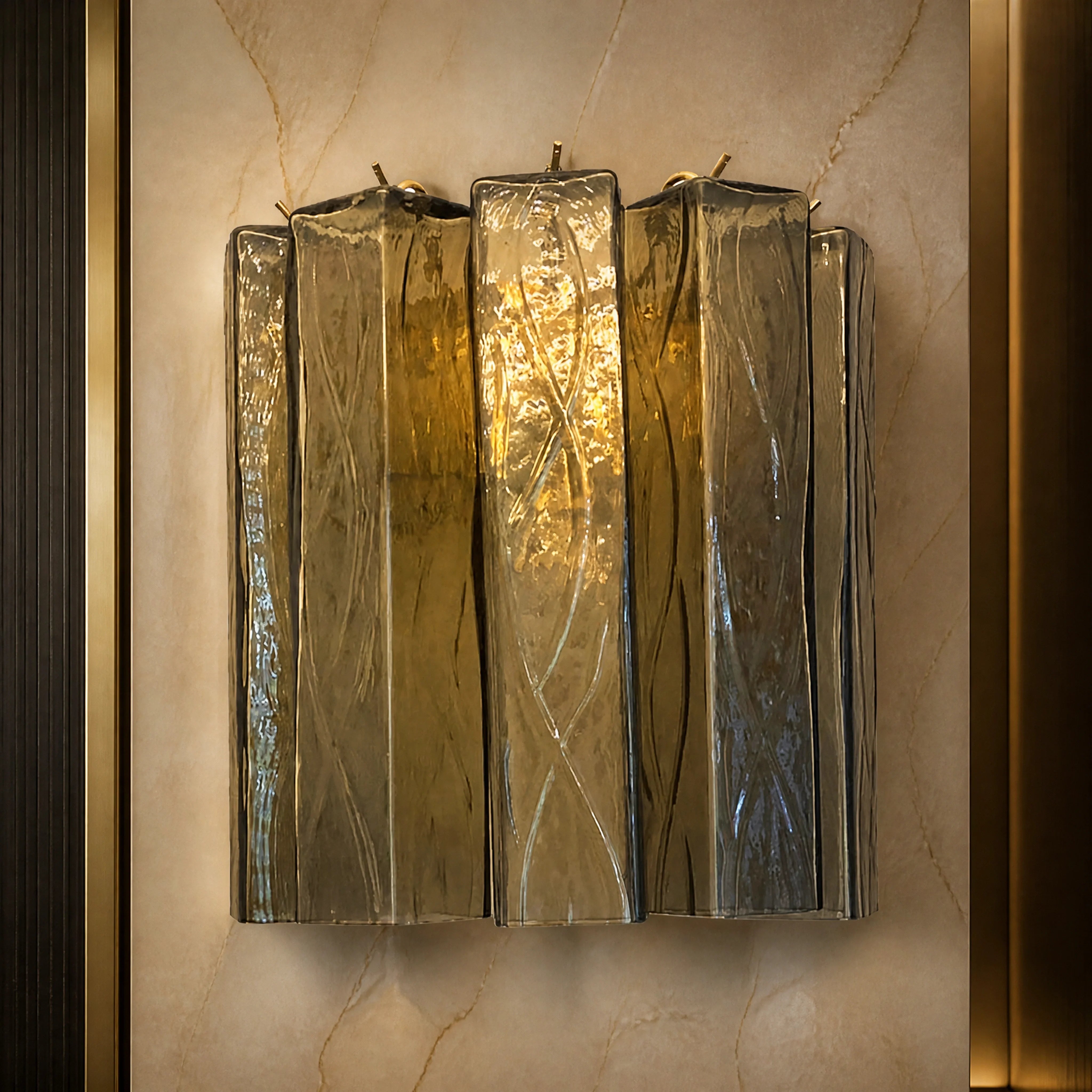 Taormina Squares Murano Glass Wall Light close-up luxury lifestyle hero image by VORELLI