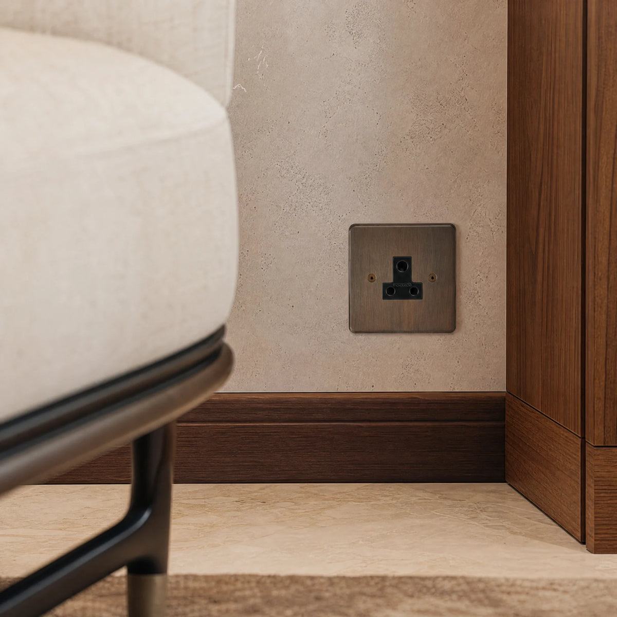 VORELLI® Ambassador Classic 5A Socket, close view beside bedroom or living-room joinery in an interior visualisation.