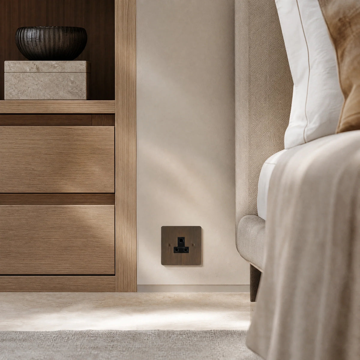 VORELLI® Ambassador Classic 5A Socket, shown beside bedroom or living-room joinery in an interior visualisation.