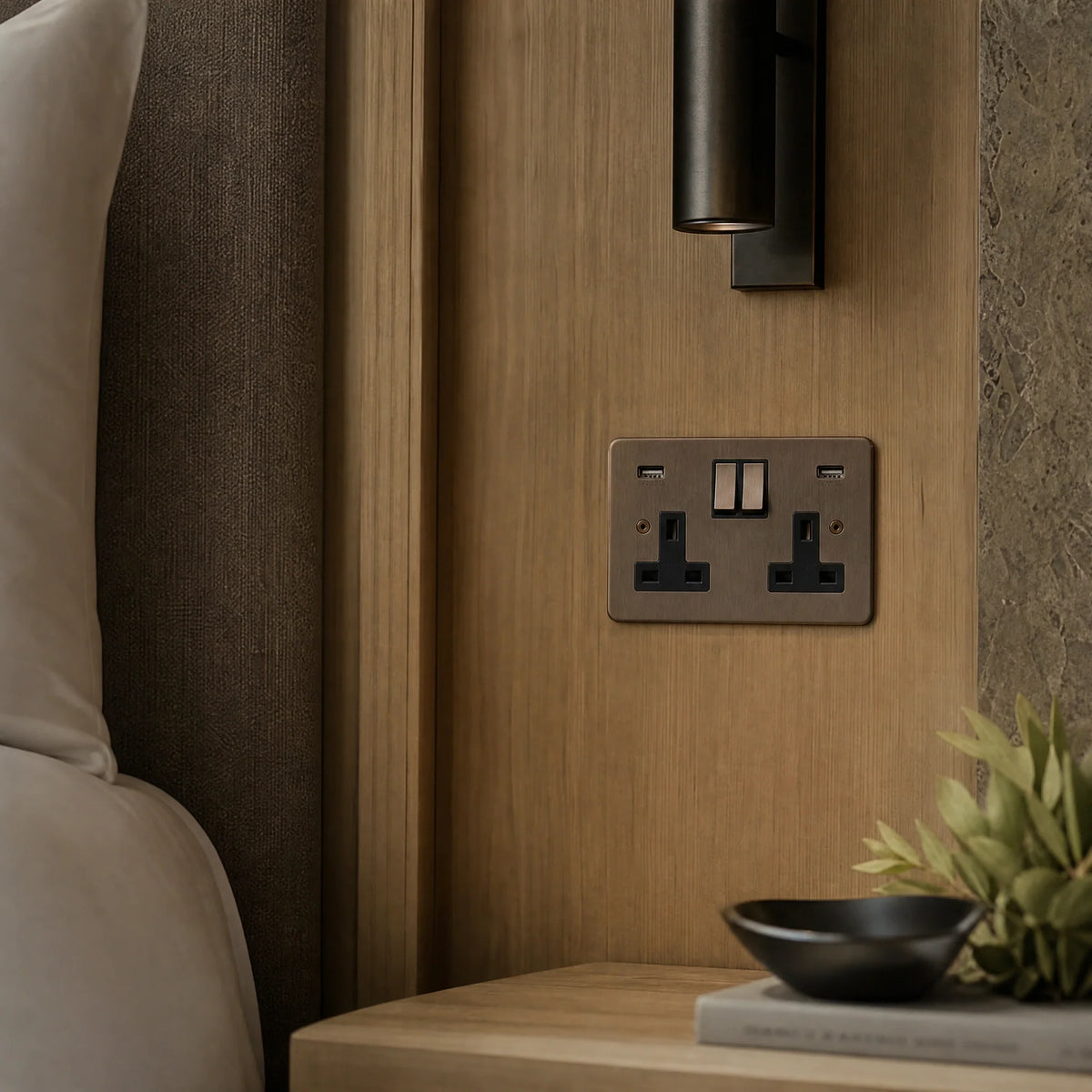 VORELLI® Ambassador Classic Double Socket + USB, shown beside bedroom or living-room joinery in an interior visualisation.