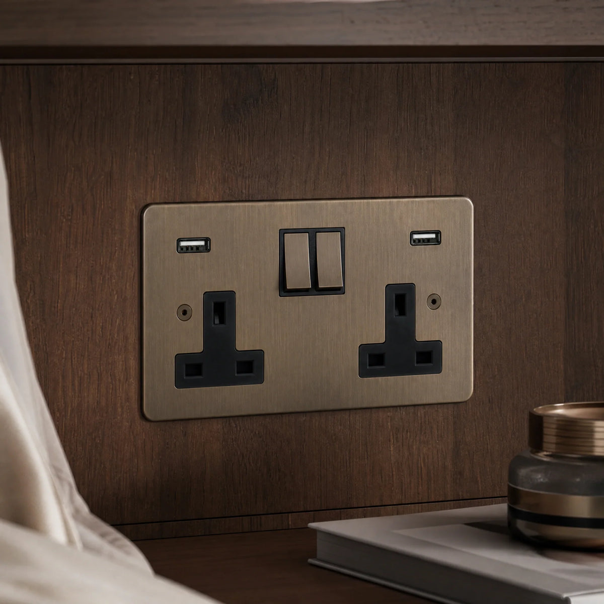 VORELLI® Ambassador Classic Double Socket + USB, close view beside bedroom or living-room joinery in an interior visualisation.