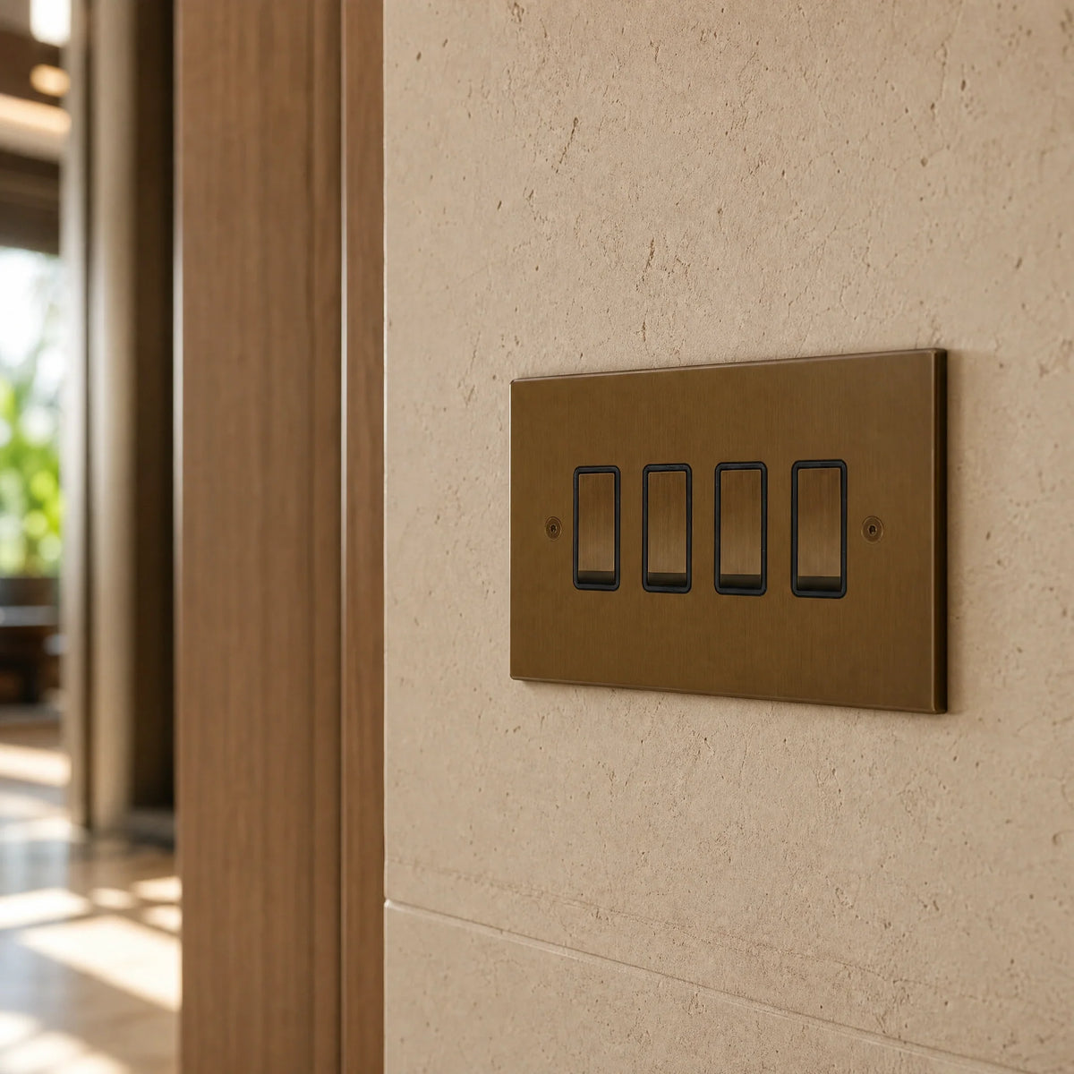VORELLI® Ambassador Square four-gang rocker switch, close view on an interior wall in an interior visualisation.